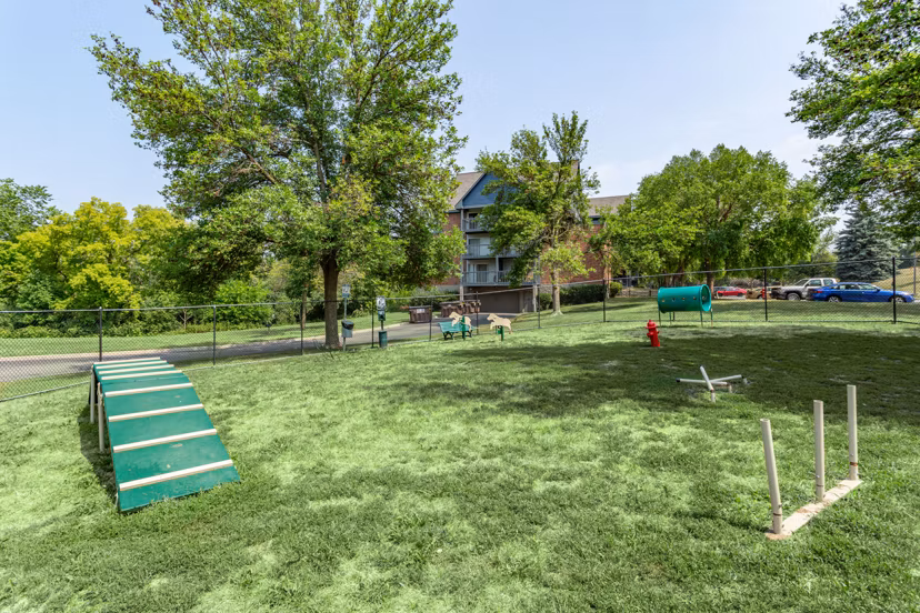 Fenced dog park with agility equipment at Avana West Park Apartments, ideal for pet-friendly living in modern luxury community