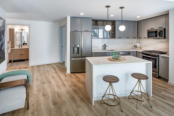 Modern kitchen with stainless steel appliances at Illume Apartments, offering luxury living in an urban environment