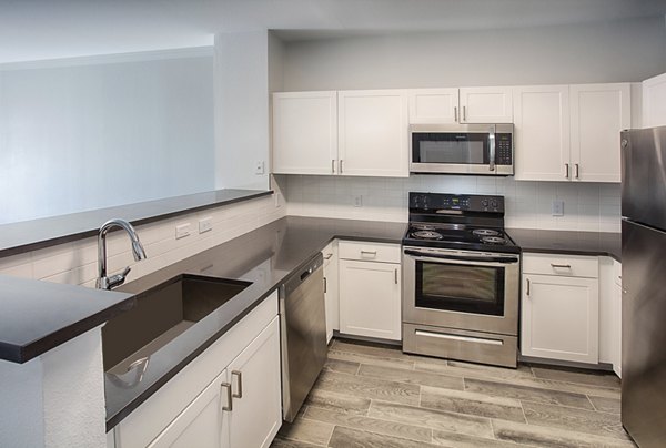 Modern kitchen with stainless steel appliances at Prosper Place Apartments