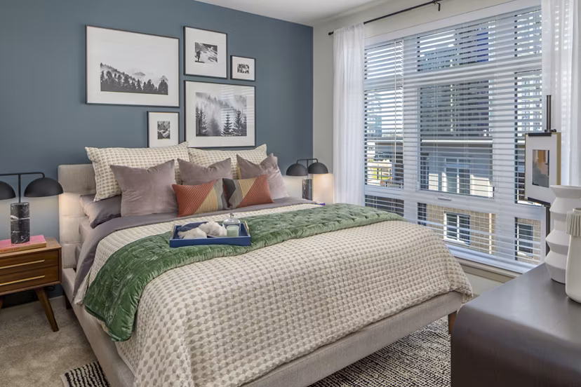 Modern bedroom with stylish decor at The Dylan Apartments