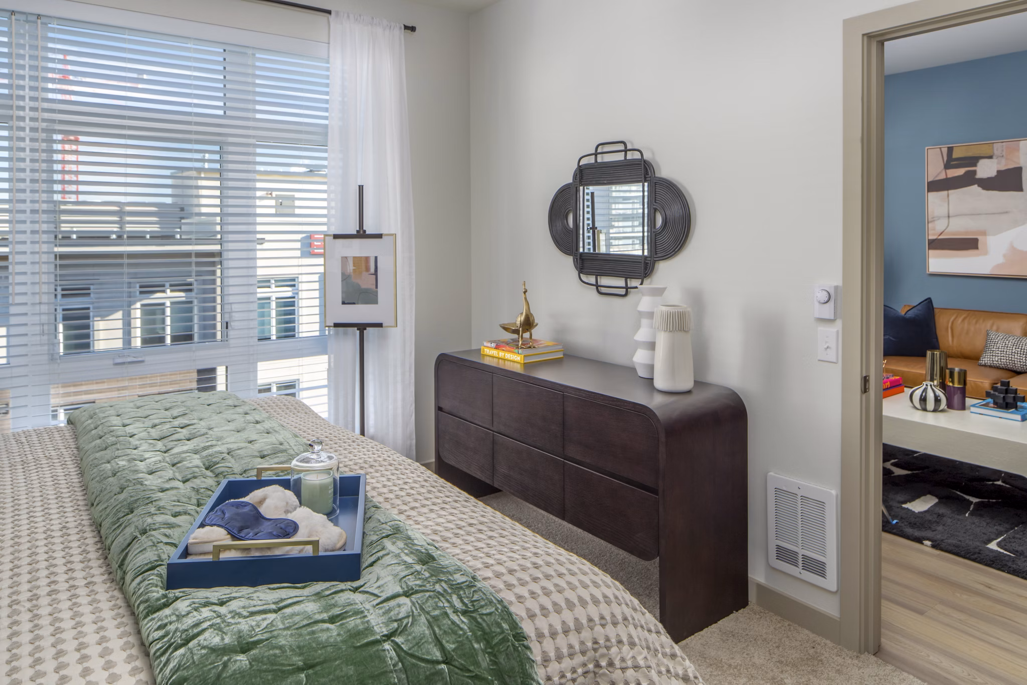 Cozy bedroom with modern decor at The Dylan Apartments