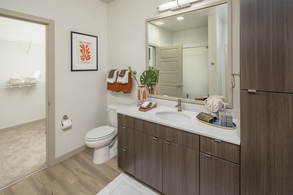 Modern bathroom with sleek fixtures at The Dylan Apartments, a luxury Greystar property, featuring elegant tile design and spacious vanity