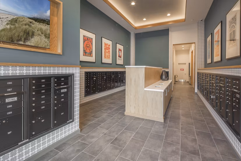 Modern mail room with secure package lockers at The Dylan Apartments, a luxury Greystar property