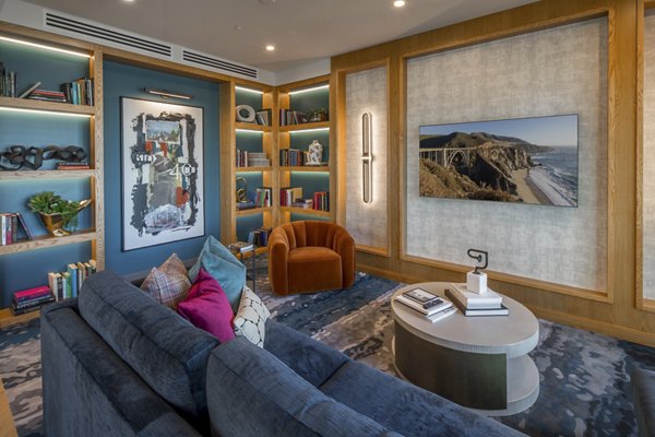 Stylish clubhouse featuring modern decor at The Dylan Apartments, ideal for social gatherings and events