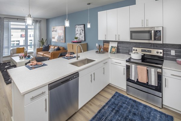 Modern kitchen with stainless steel appliances at The Dylan Apartments, luxury living by Greystar