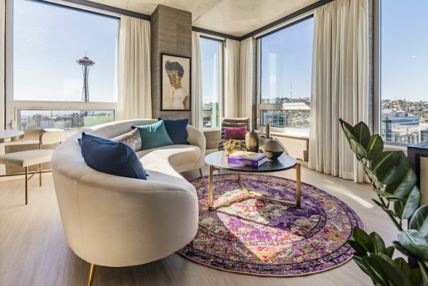 Spacious living room with modern decor at The Waverly Apartments