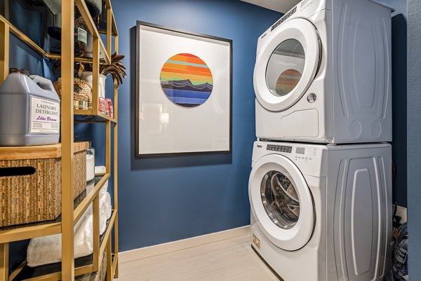 Laundry room with modern appliances at The Waverly Apartments in Greystar luxury community