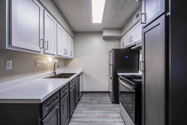 Modern kitchen featuring sleek cabinetry and stainless steel appliances at Calero Apartments