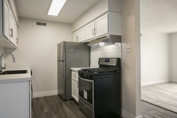 Modern kitchen featuring stainless steel appliances in Milo Apartments, a Greystar luxury community in Albuquerque, NM.