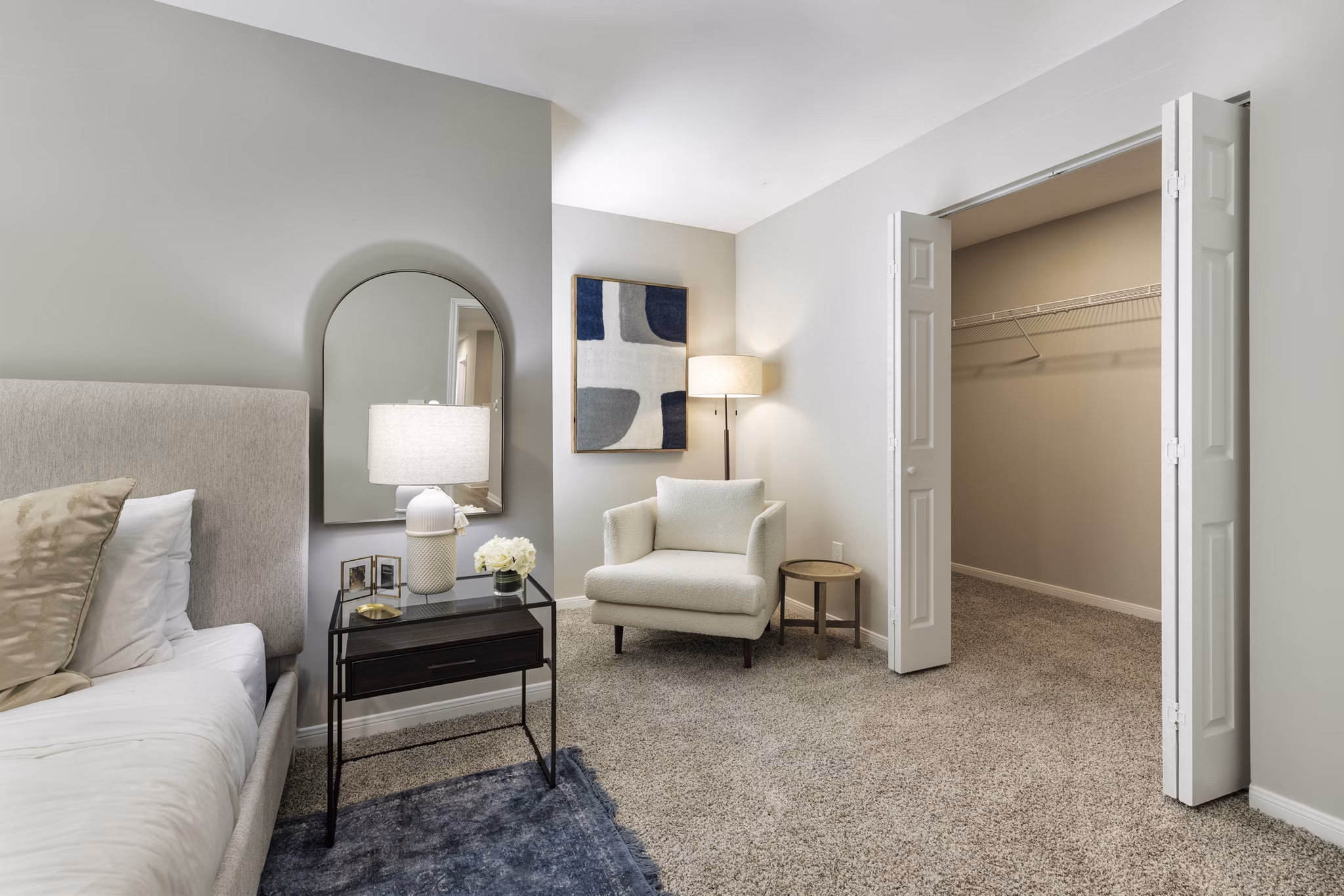 Modern bedroom with designer furnishings at Oltera in SoEast Apartments