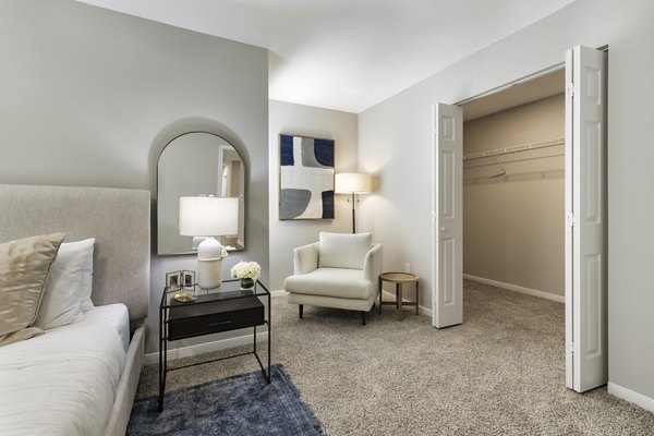 Modern bedroom with designer furnishings at Oltera in SoEast Apartments