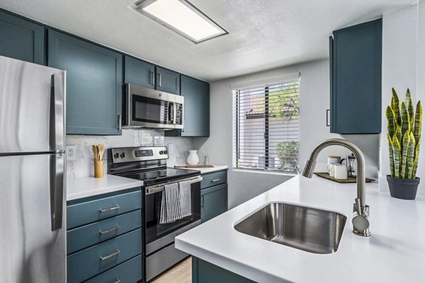 Modern kitchen with stainless steel appliances at Desert Shadows Apartments