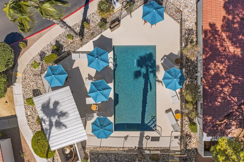 Sparro Apartments: Luxurious pool with lounge chairs and shaded cabanas, perfect for relaxation in our premium community