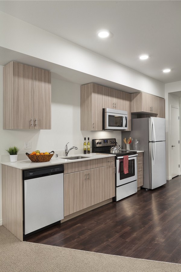 Modern kitchen featuring stainless steel appliances in Spencer 68 Apartments