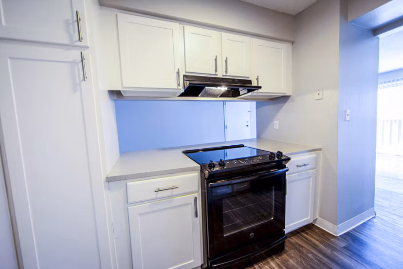 The Mica Apartments: Modern kitchen with sleek countertops and stainless steel appliances