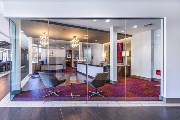 Spacious clubhouse/lobby with modern decor at Atmark Apartments in Cambridge