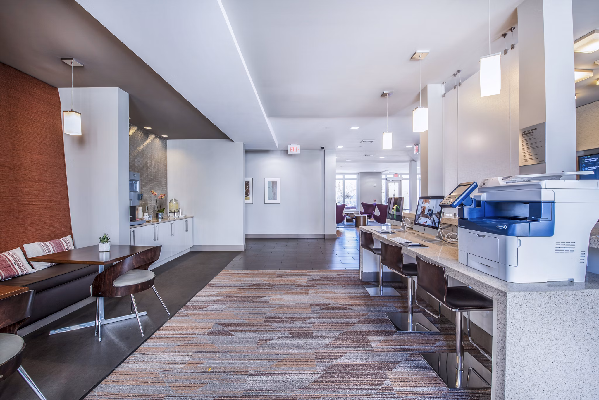 Stylish clubhouse lobby with modern decor at Atmark Apartments