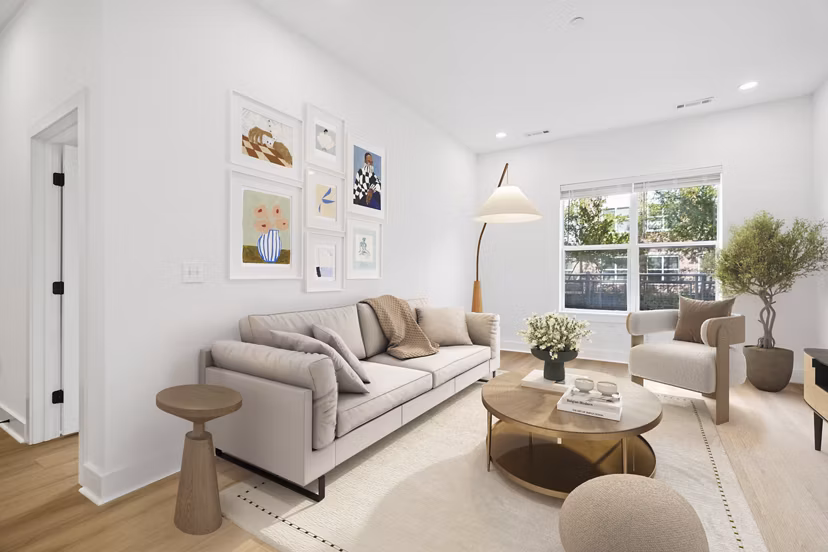 Modern living room with sleek furnishings at Atmark Apartments in Boston