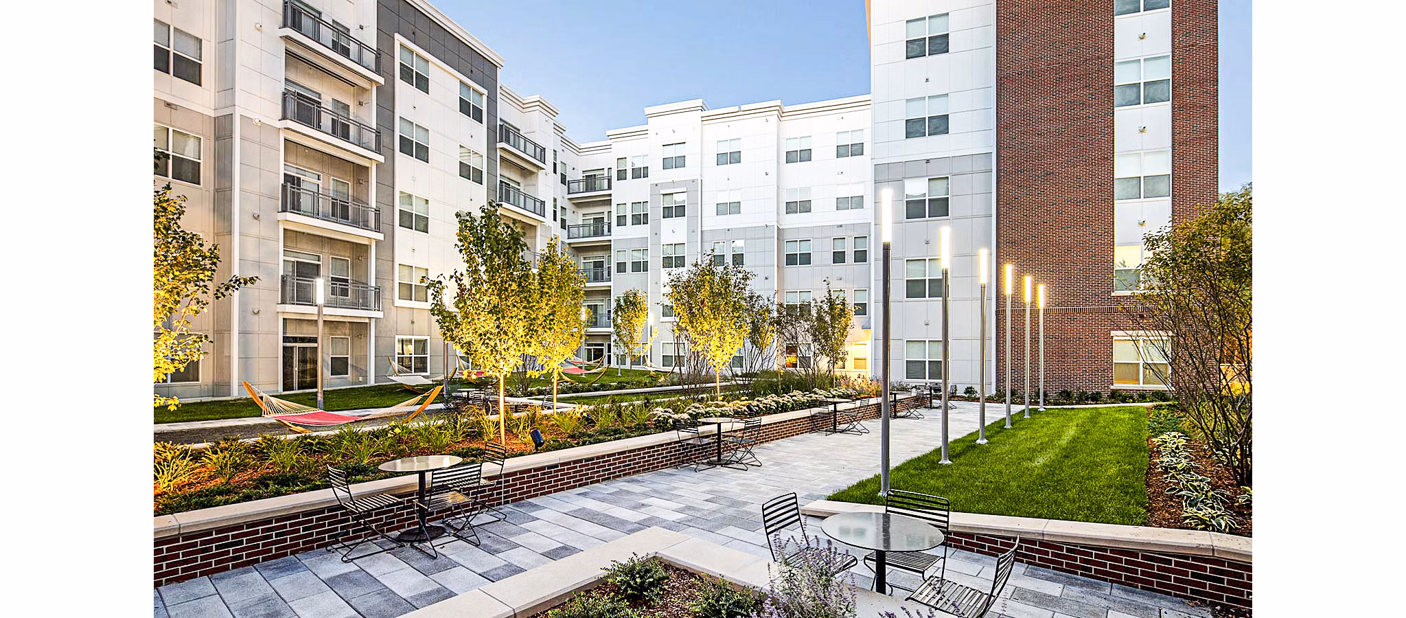 Courtyard with lush landscaping at Atmark Apartments, luxury living in Cambridge
