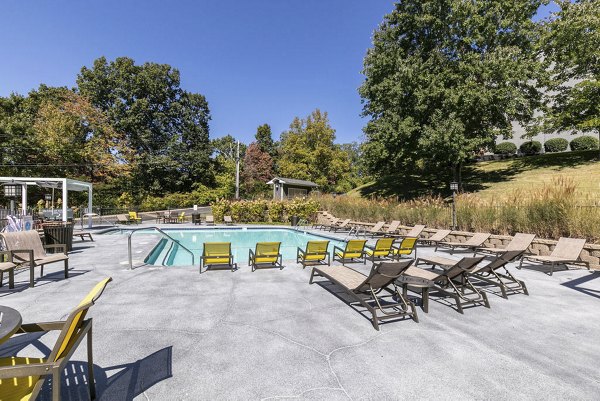 Pool surrounded by lush greenery at Ridgemont at Stringers Ridge Apartments, offering luxury outdoor relaxation for residents
