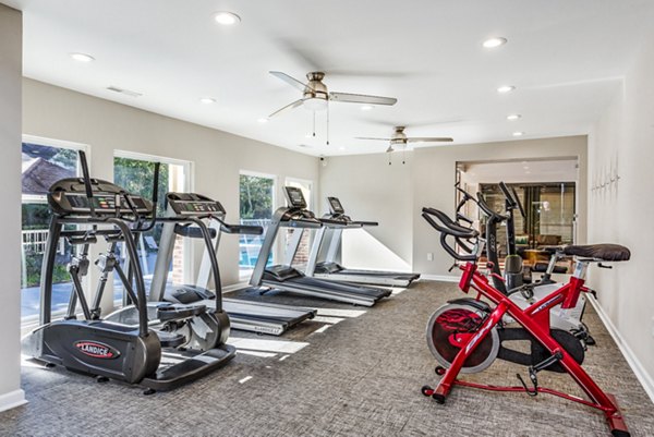 Fitness center with treadmills and stationary bikes in luxury apartment community