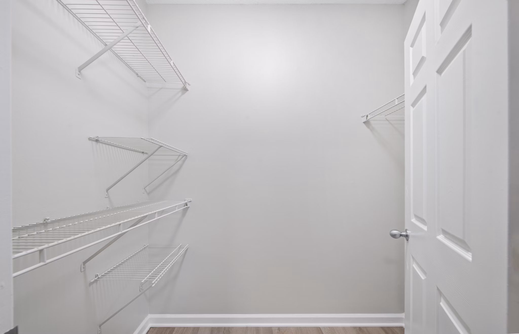 Spacious walk-in closet with custom shelving in Avana Thornblade Apartments