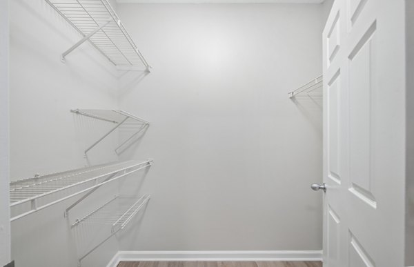 Spacious walk-in closet with custom shelving in Avana Thornblade Apartments