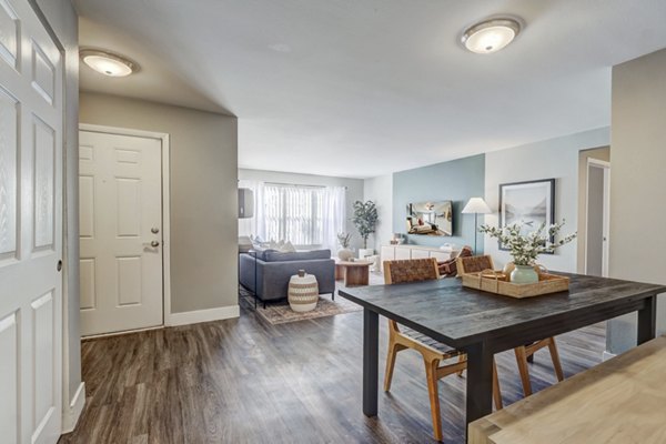 Dining room with modern furnishings at Habitat at Fort Collins luxury apartments
