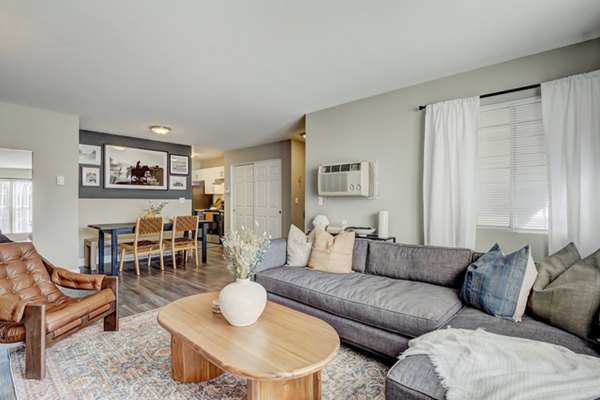 Spacious living room with modern decor in Habitat at Fort Collins luxury apartments