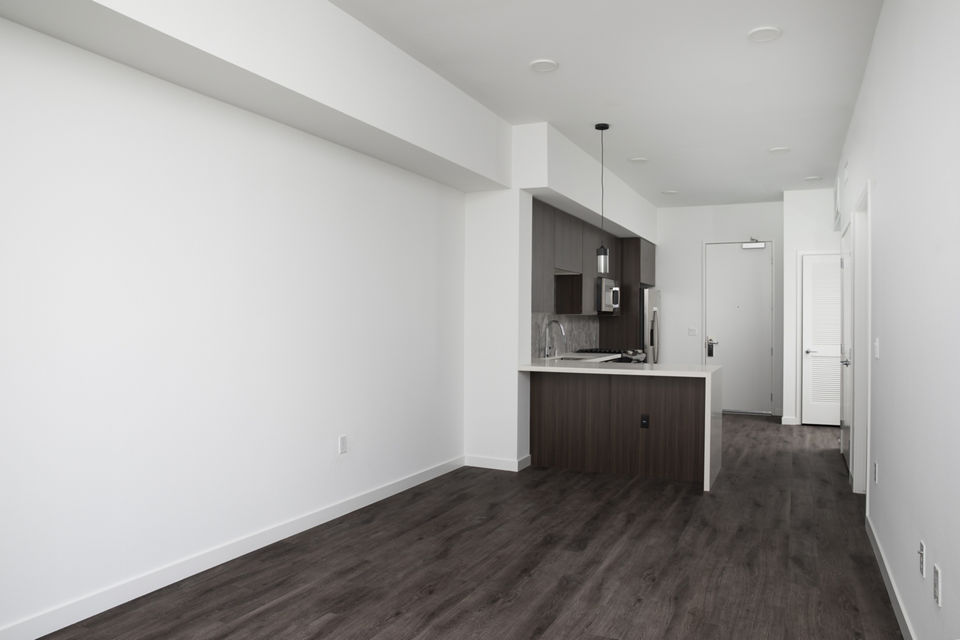 Living room with modern decor and large windows at Vert Apartments, luxury living by Greystar