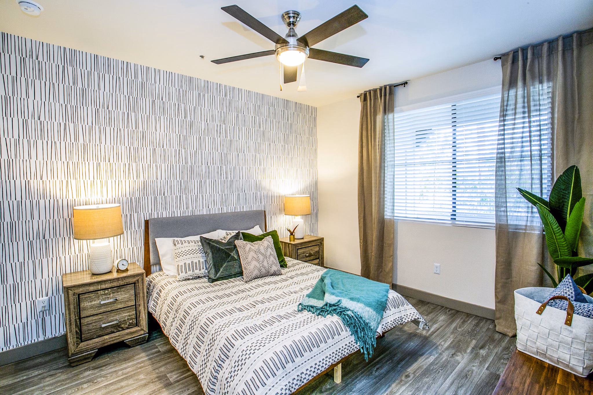 Modern bedroom with stylish decor at The Alcove Apartments, luxury living