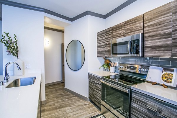 Modern kitchen with stainless steel appliances at The Alcove Apartments luxury living