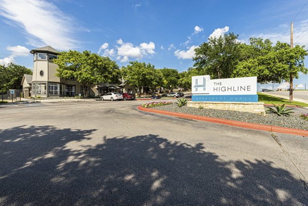 Signage at The Highline Apartments in luxury community highlighting premium living spaces and amenities