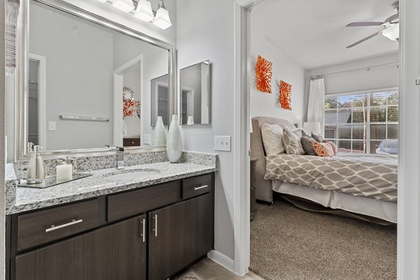 Modern bathroom with sleek finishes at The Highline Apartments, a luxury residence by Greystar in an urban setting