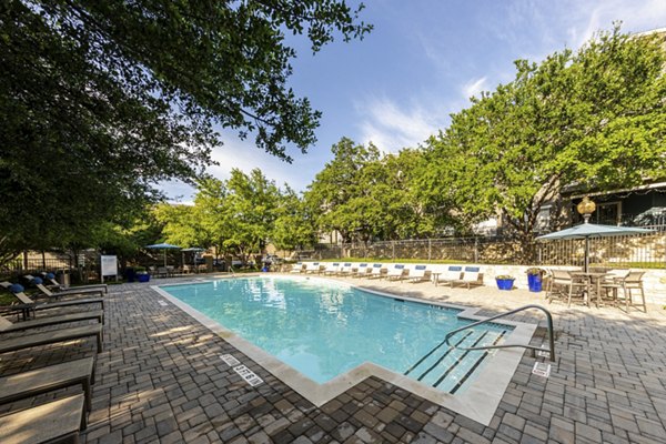 Resort-style outdoor pool at The Highline Apartments with loungers and palm trees, offering a luxurious amenity for residents