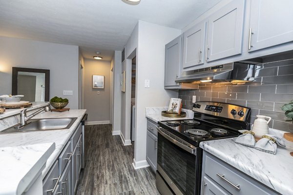 Modern kitchen with stainless steel appliances in Champions Glen Apartments