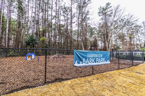 Dog park with agility equipment at Champions Glen Apartments, luxury pet-friendly community offering ample outdoor space for residents' pets