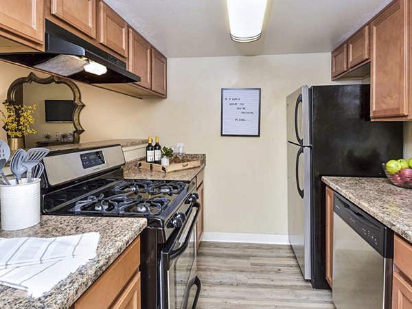 Modern kitchen with stainless steel appliances at Vineyard Gardens Apartments