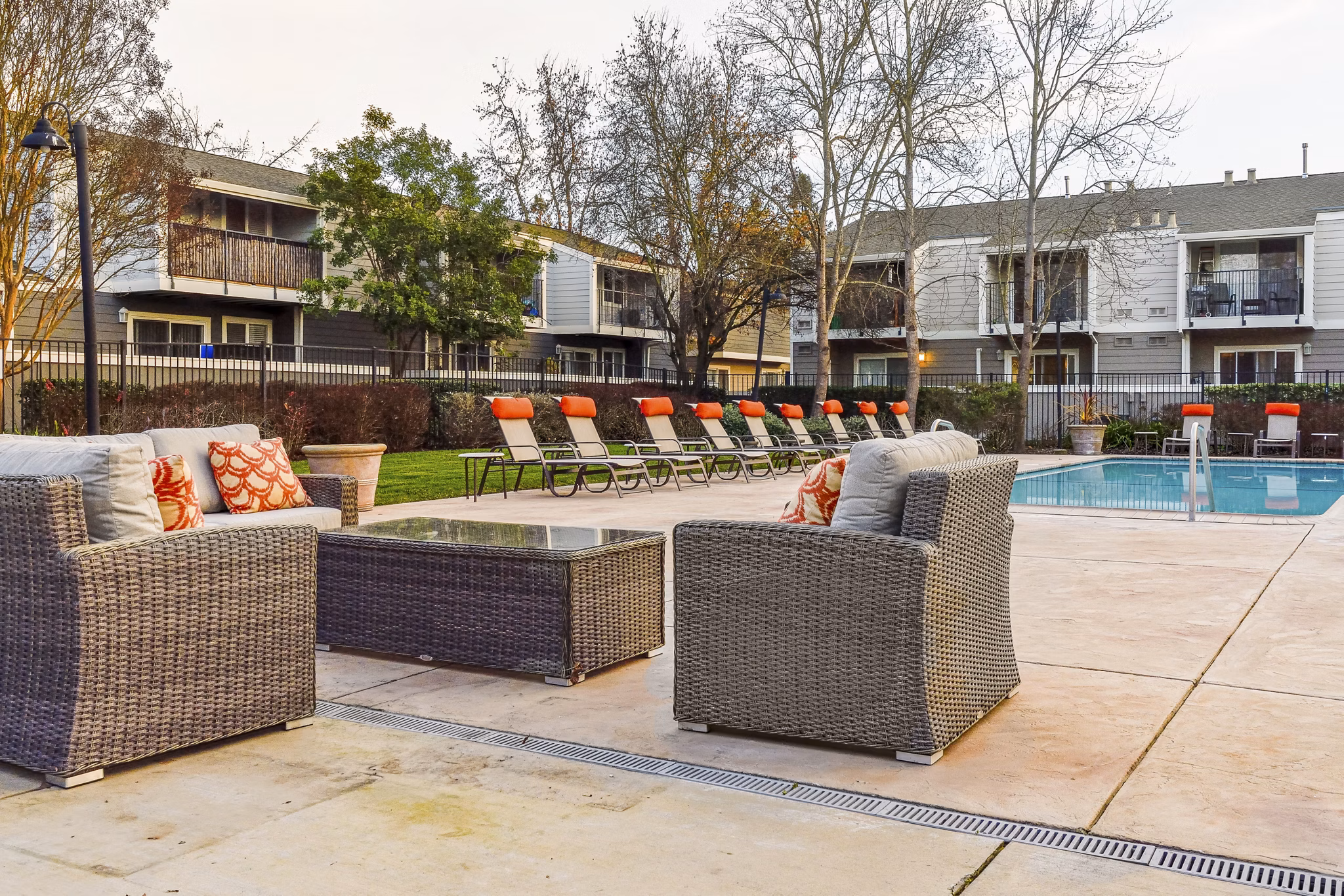 Relaxing pool and patio area at Vineyard Gardens Apartments offering luxury outdoor spaces for residents
