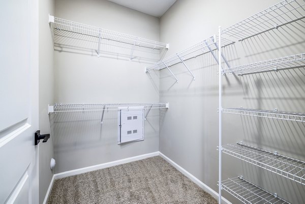 Spacious bedroom closet with built-in shelves at River Oaks Landing Apartments