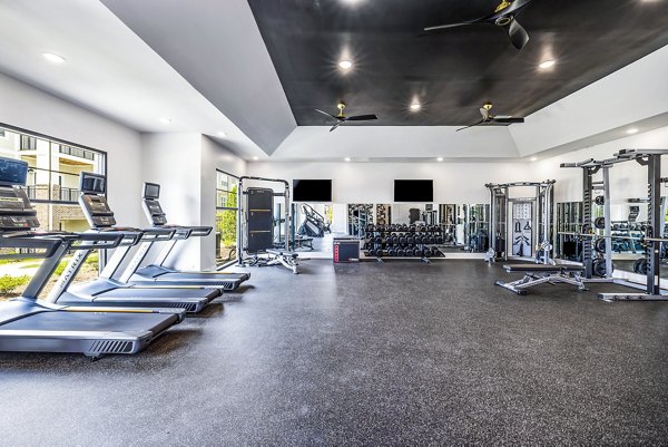 Modern fitness center with state-of-the-art equipment at River Oaks Landing Apartments