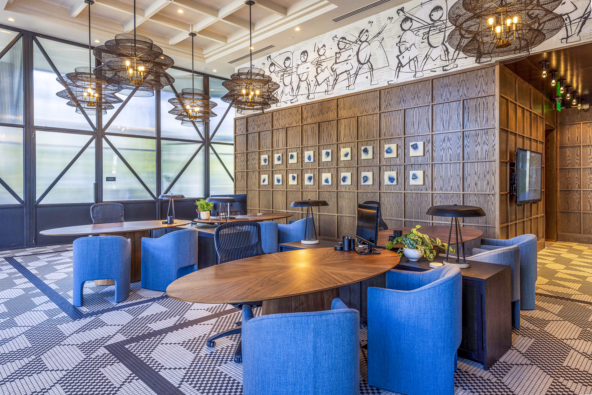Inviting clubhouse lobby with modern decor at Landsby Apartments