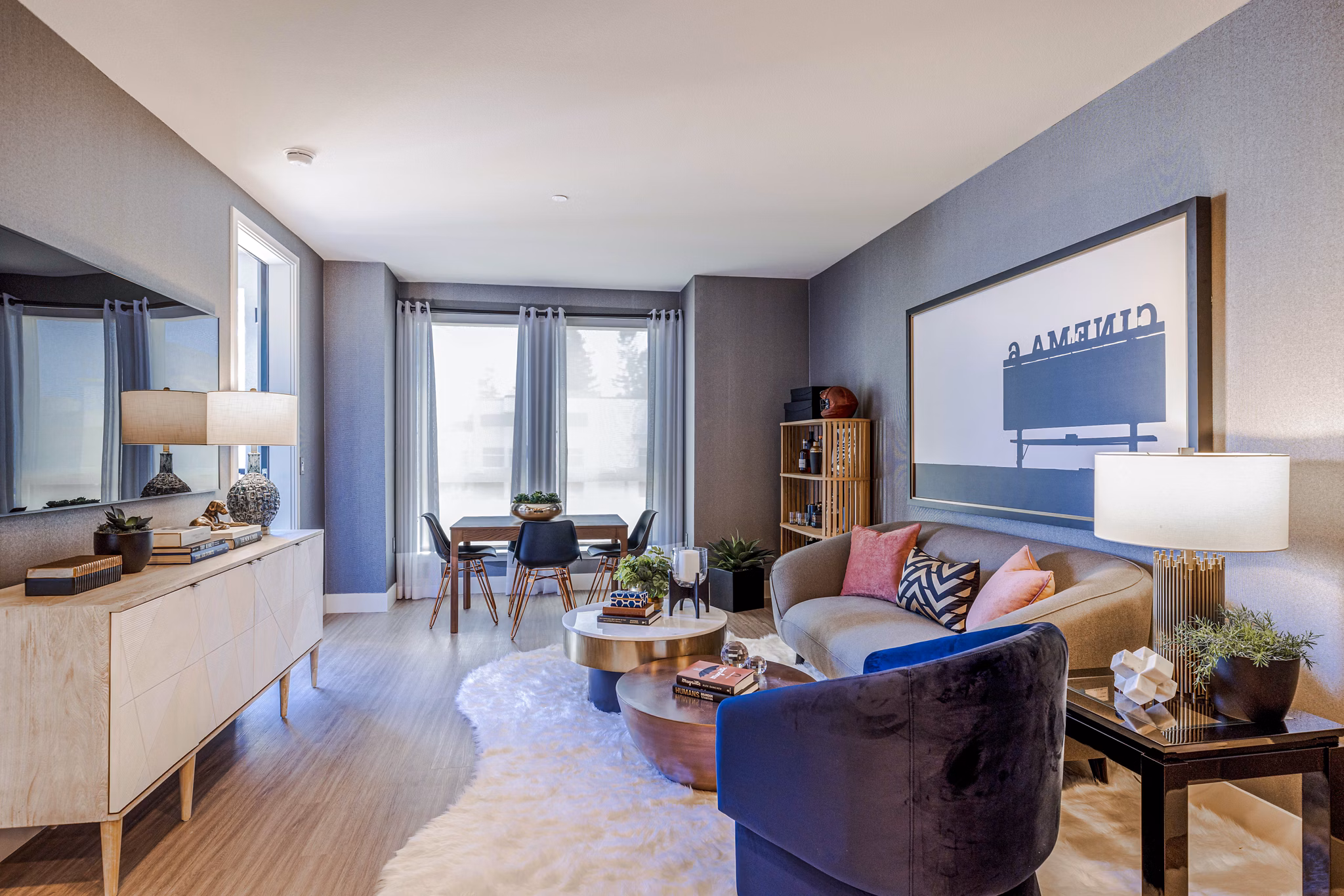 Modern living room with open layout and stylish decor in Landsby Apartments