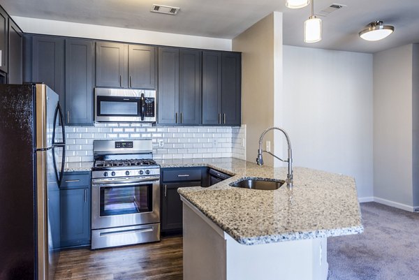 Modern kitchen with stainless steel appliances at Pinnacle at Town Center Apartments, Greystar's luxury living in the heart of town