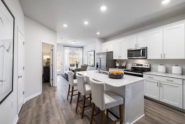 Modern kitchen with stainless steel appliances in Ashford Townes Apartments, a luxury property managed by Greystar