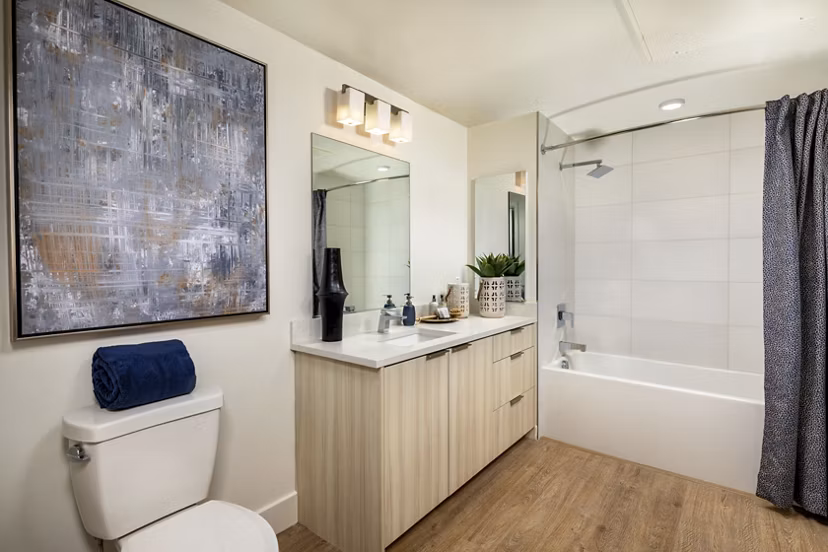 Azul North Park Apartments: Modern bathroom featuring sleek fixtures and ample lighting