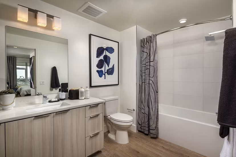 Azul North Park Apartments: Modern bathroom featuring sleek fixtures and marble countertops for luxury living