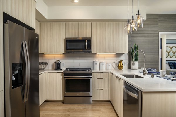 Sleek modern kitchen with stainless steel appliances in Azul North Park Apartments