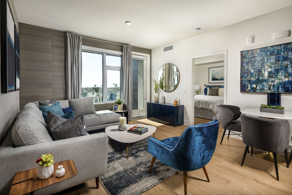 Living room with modern furnishings at Azul North Park Apartments