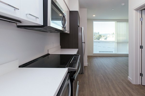 Modern kitchen featuring stainless steel appliances and sleek countertops in The Moran Apartments